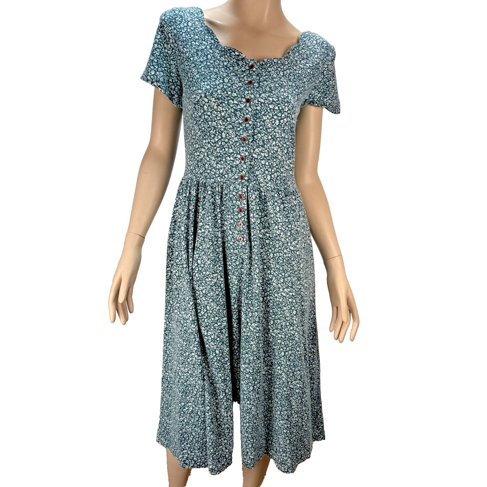 Jim Elliot Vintage Ditsy Floral Button Front Flare Midi Dress Size 6 Green White